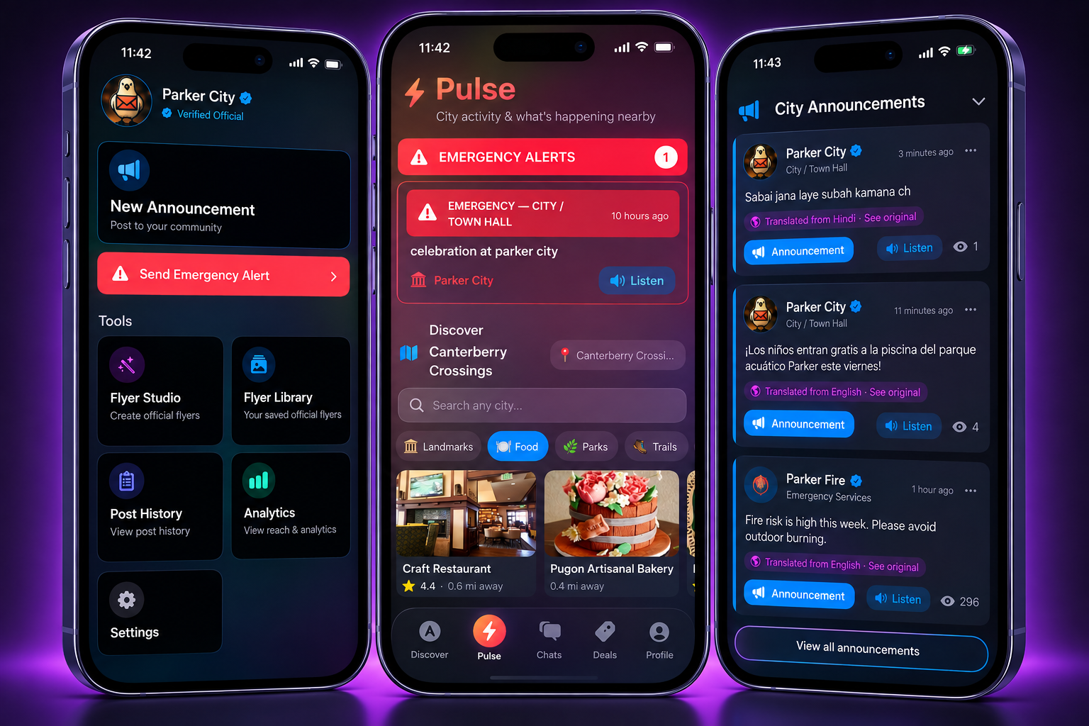 Kapota for Cities showing the official dashboard, local alerts and translated city announcements.