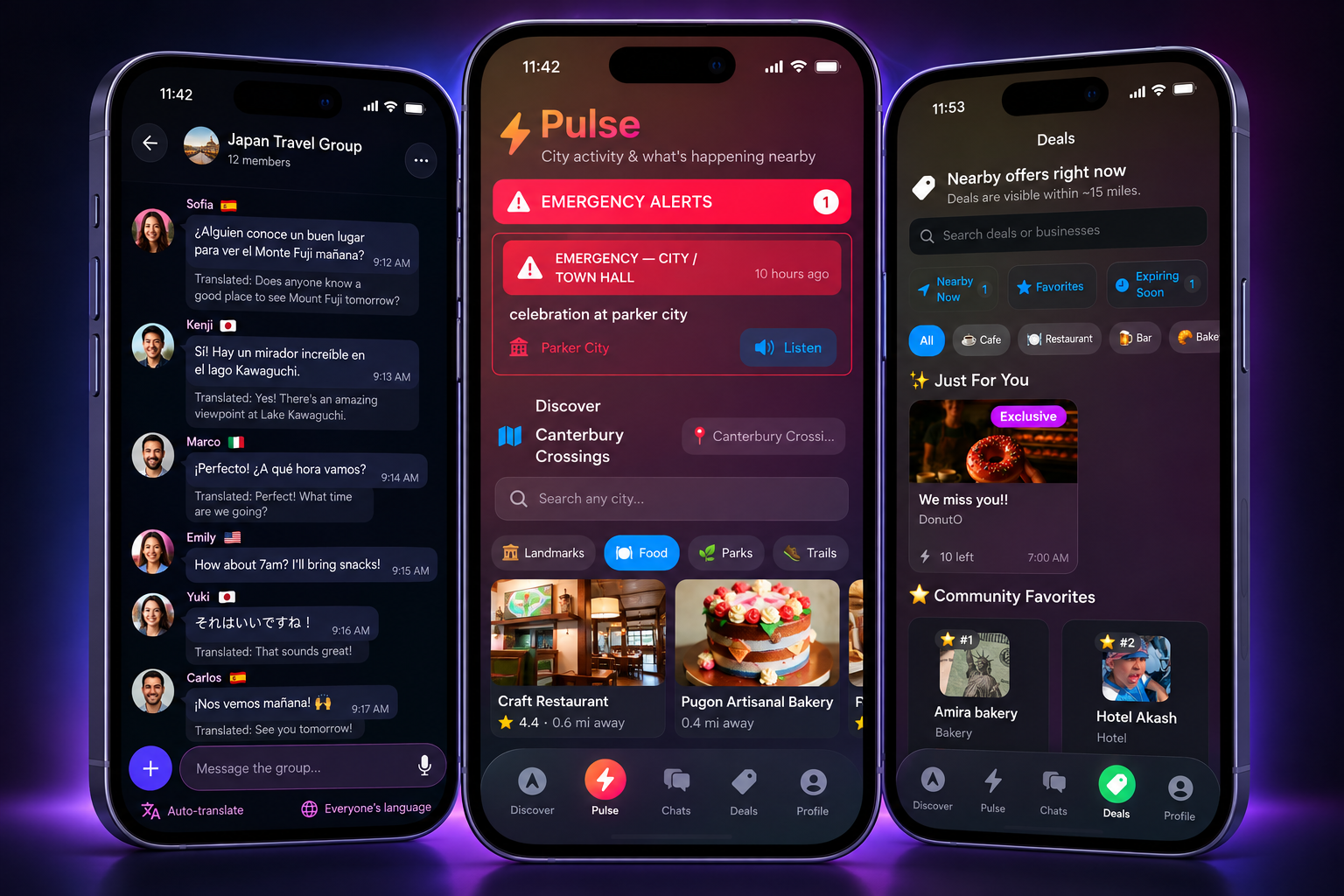 Kapota showing multilingual travel group chat, Pulse local discovery and nearby deals.